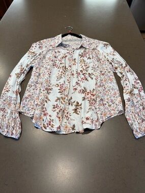 lovestitch White Floral Button-Front Blouse with Pink & Brown Floral Print
